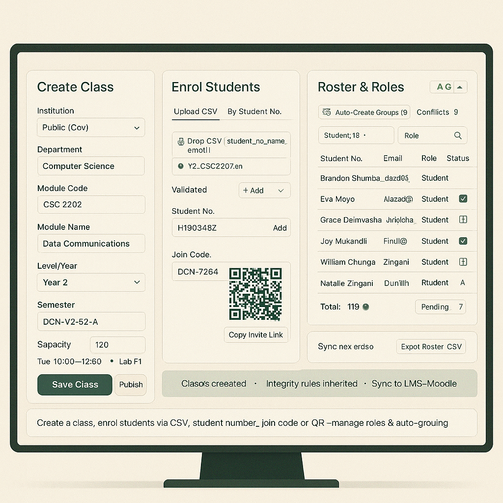 An interface showing the creation of a crisis class, with inputs for syllabus, schedule, and assessment rules.