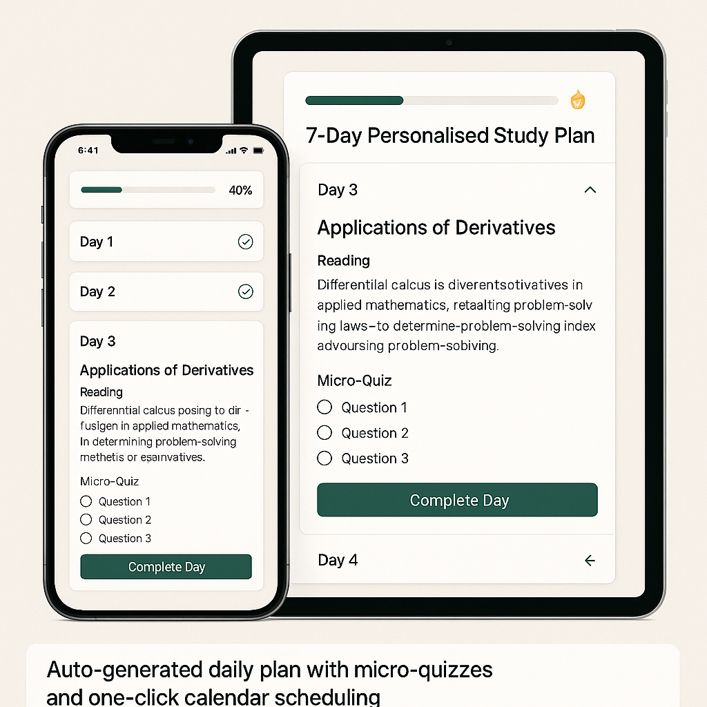 A student reviewing their personalized AI-generated daily study plan on a tablet.